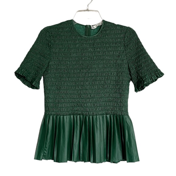 ZARA Faux Leather Peplum Smocked Bodice Top NEW - Picture 6 of 11